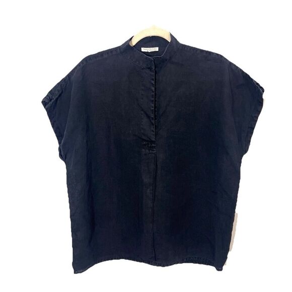 Vintage Gianni Versace Blouse Sz M Linen Boxy Bishop Neck Minimalist Pop Over - Picture 1 of 7